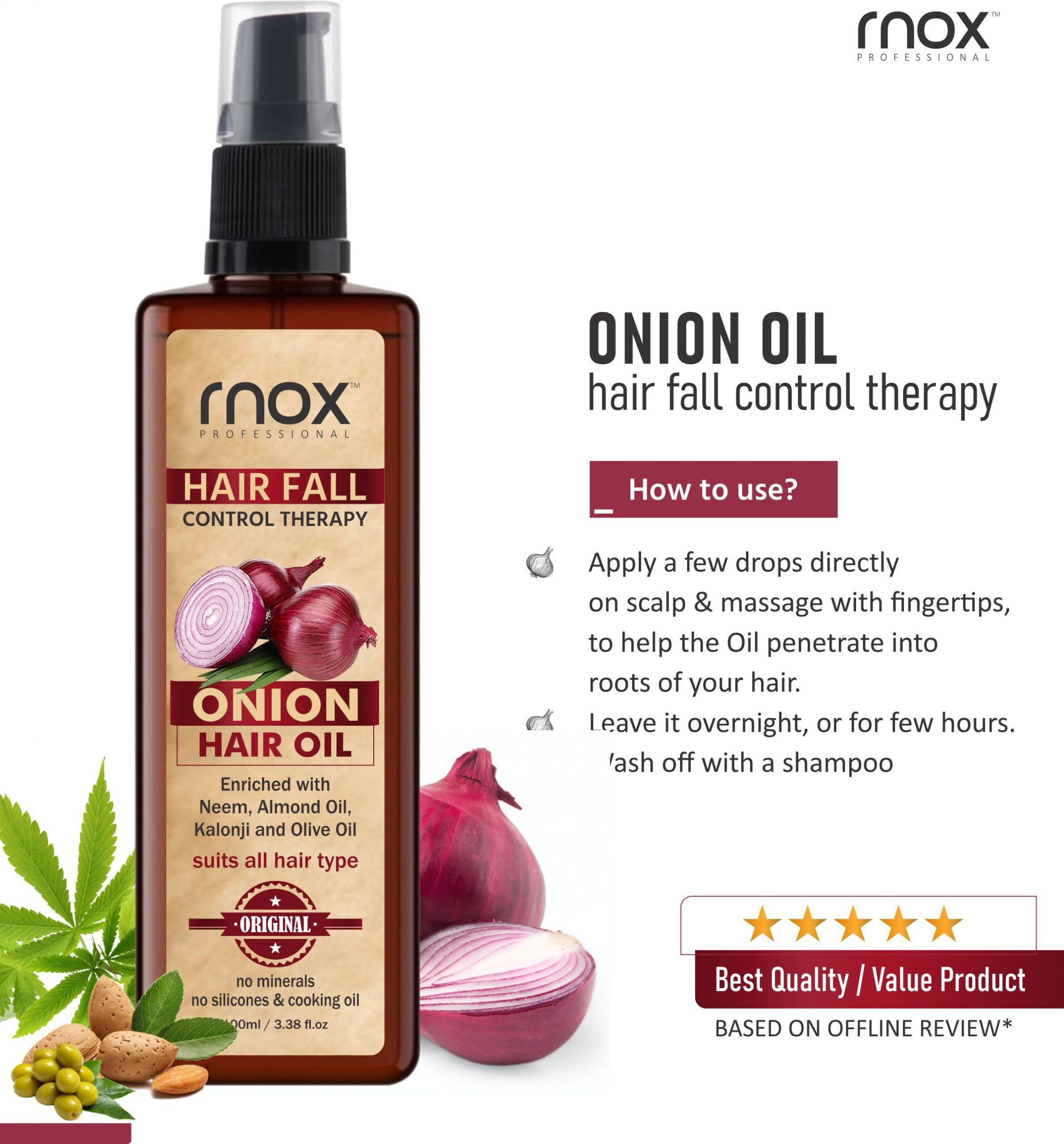 RNOX Onion Oil for Hair | Onion Oil for Hair-Fall Control | Red Onion Hair  Oil | Onion Hair Oil for Man | Onion Hair Oil for women enriched with Neem,  Almond